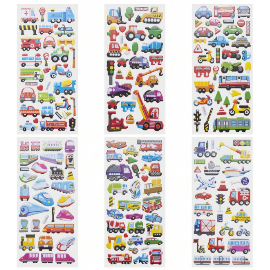3D Vehicle Stickers Transportation Pet Sticker for Kids Pack of 6