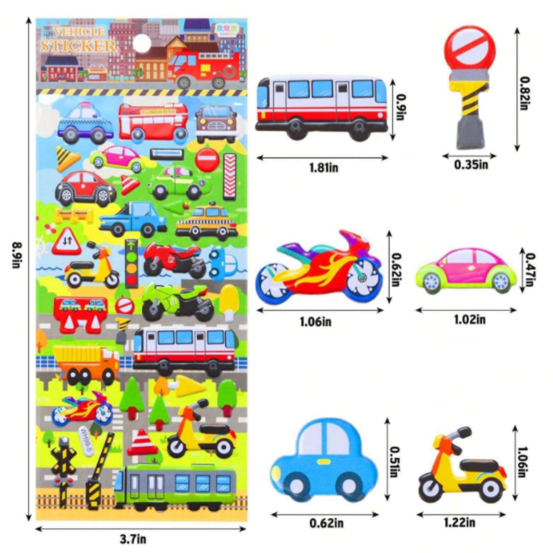 3D Vehicle Stickers Transportation Pet Sticker for Kids Pack of 6