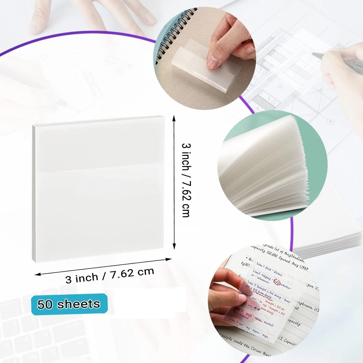 Transparent Sticky Notes Pad Clear Sticky Notes, 50 Sheets